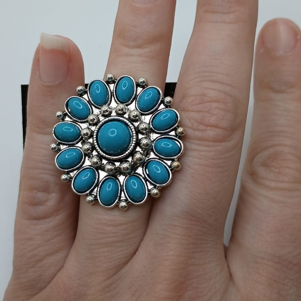 Chunky adjustable ring silver turquoise flower mandala ring boho